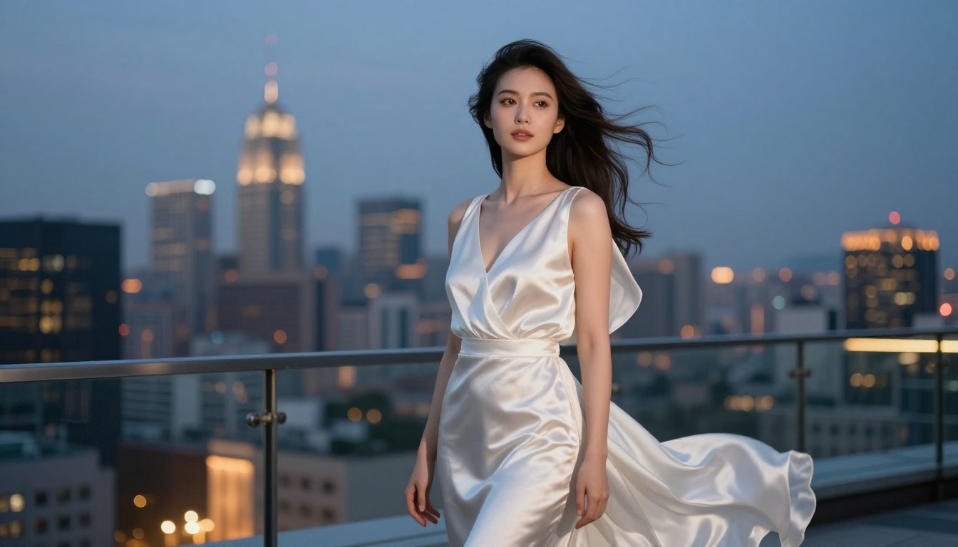 Elegant woman in a flowing white silk dress on a high-rise rooftop terrace at dusk