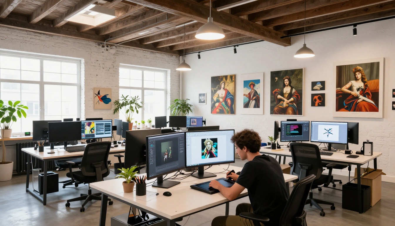 A wide open-plan digital art studio with multiple workstations, large monitors showing artwork in progress, natural daylight from skylights