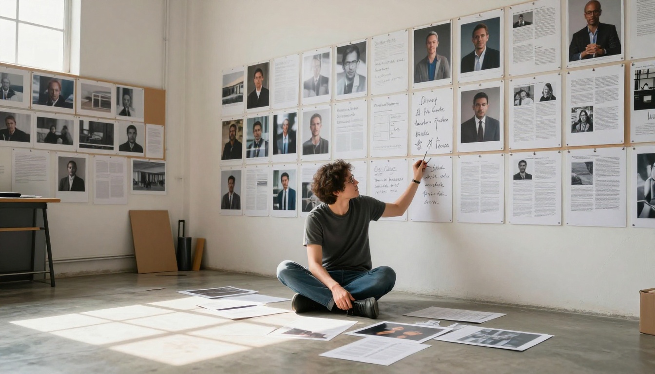 Creative director reviewing printed AI images pinned to foam boards on a studio floor