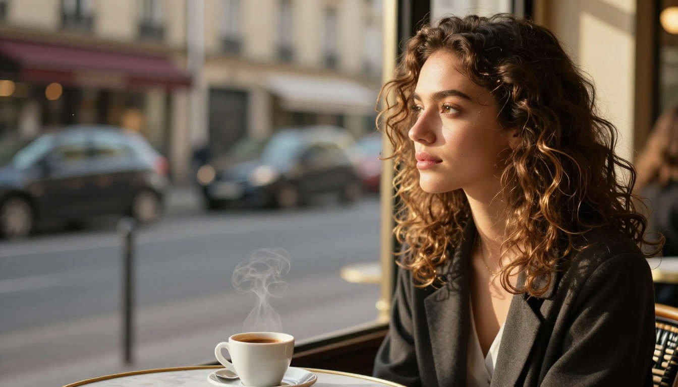 Stylish young woman with curly hair in a sun-drenched Parisian cafe with afternoon light