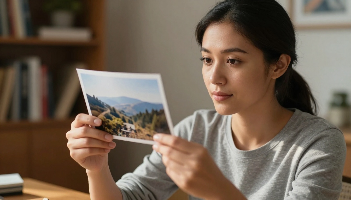 A woman holds a printed photograph up to examine it closely in a warm home studio, Zeiss 85mm portrait with shallow depth of field