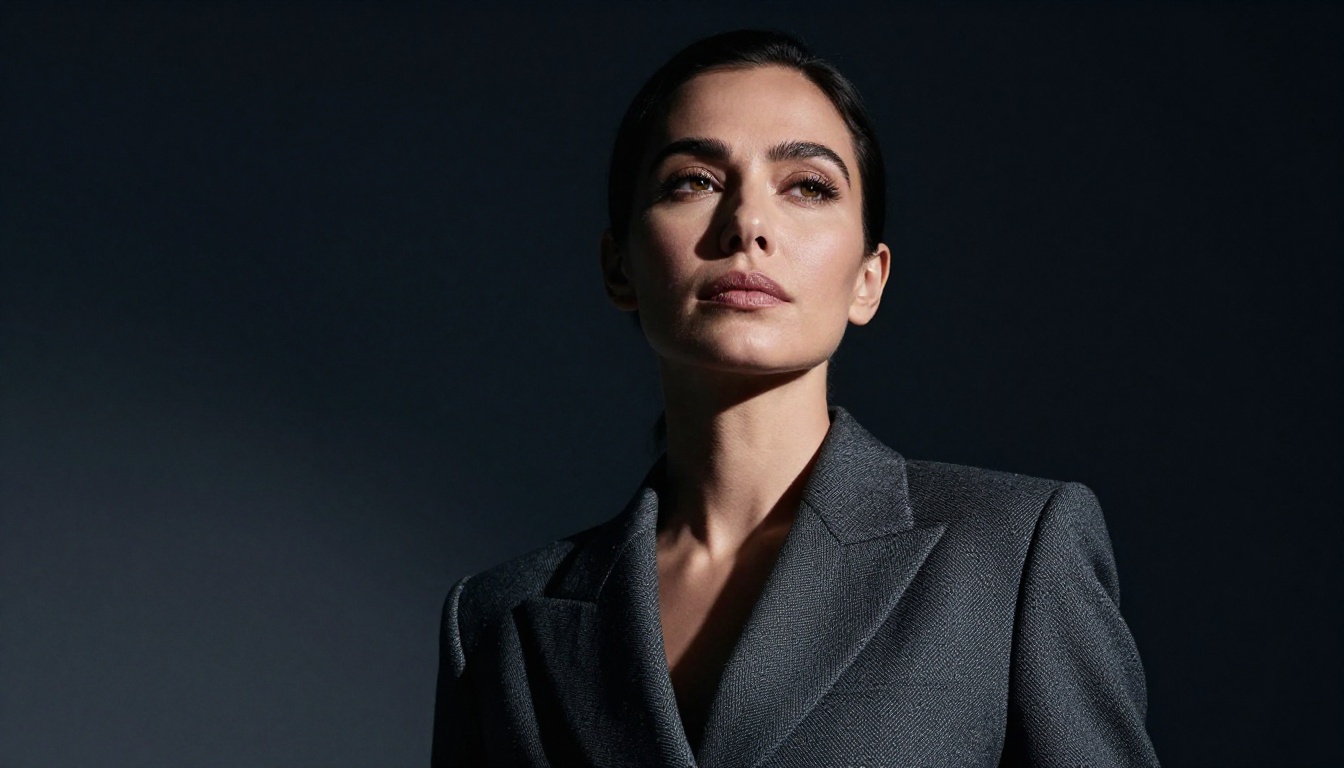 Dramatic low-angle portrait of a confident woman in a charcoal blazer with Rembrandt-style lighting
