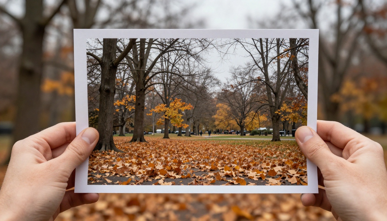 Hands holding a printed photograph against an autumn park scene, comparing output to reality