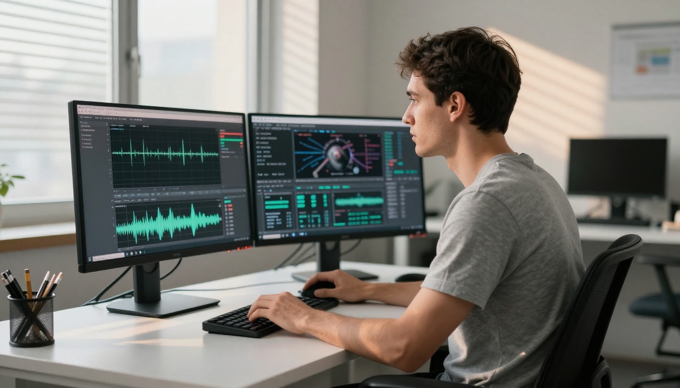 Engineer analyzing image data visualizations on dual monitors