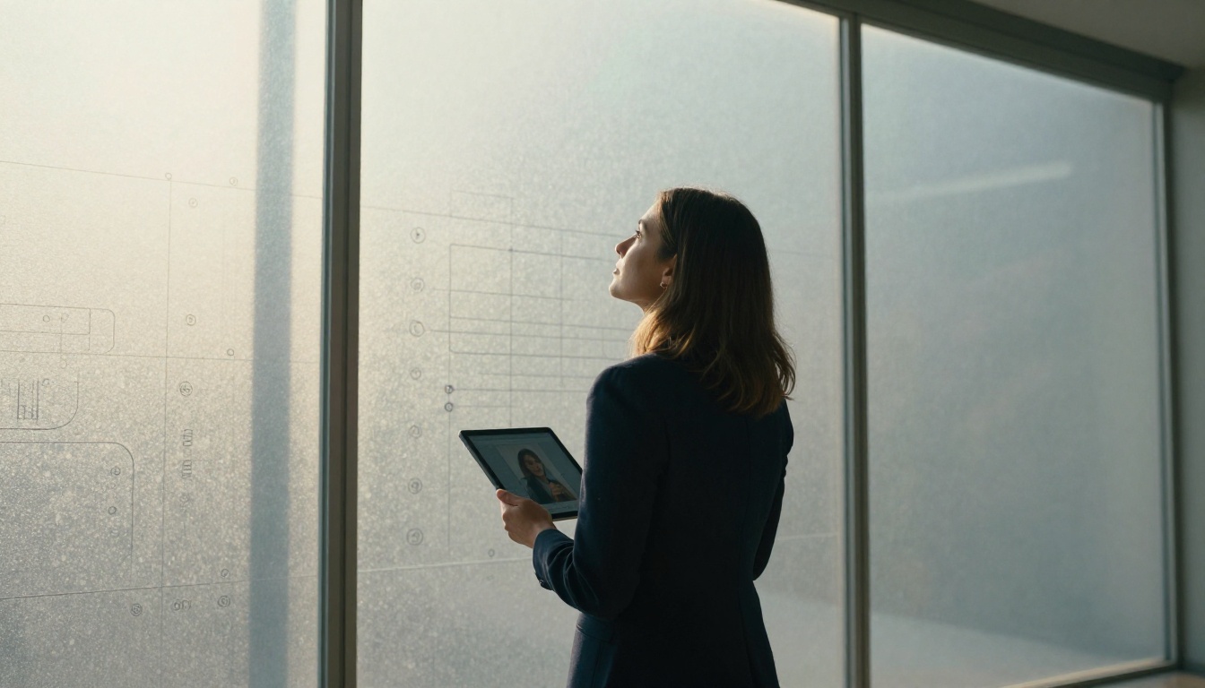 Woman holding tablet in front of frosted glass wall with authentication patterns