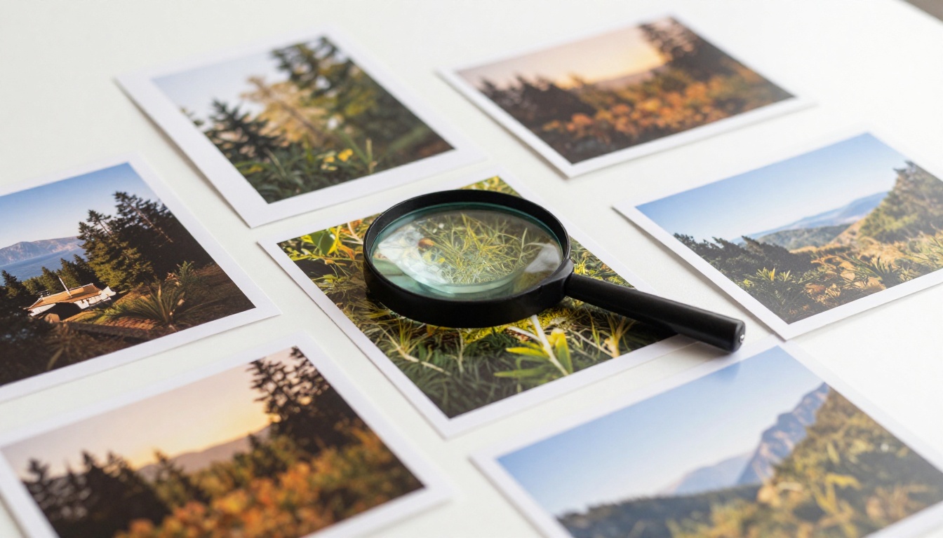 Flat-lay of printed photographs with magnifying loupe revealing texture