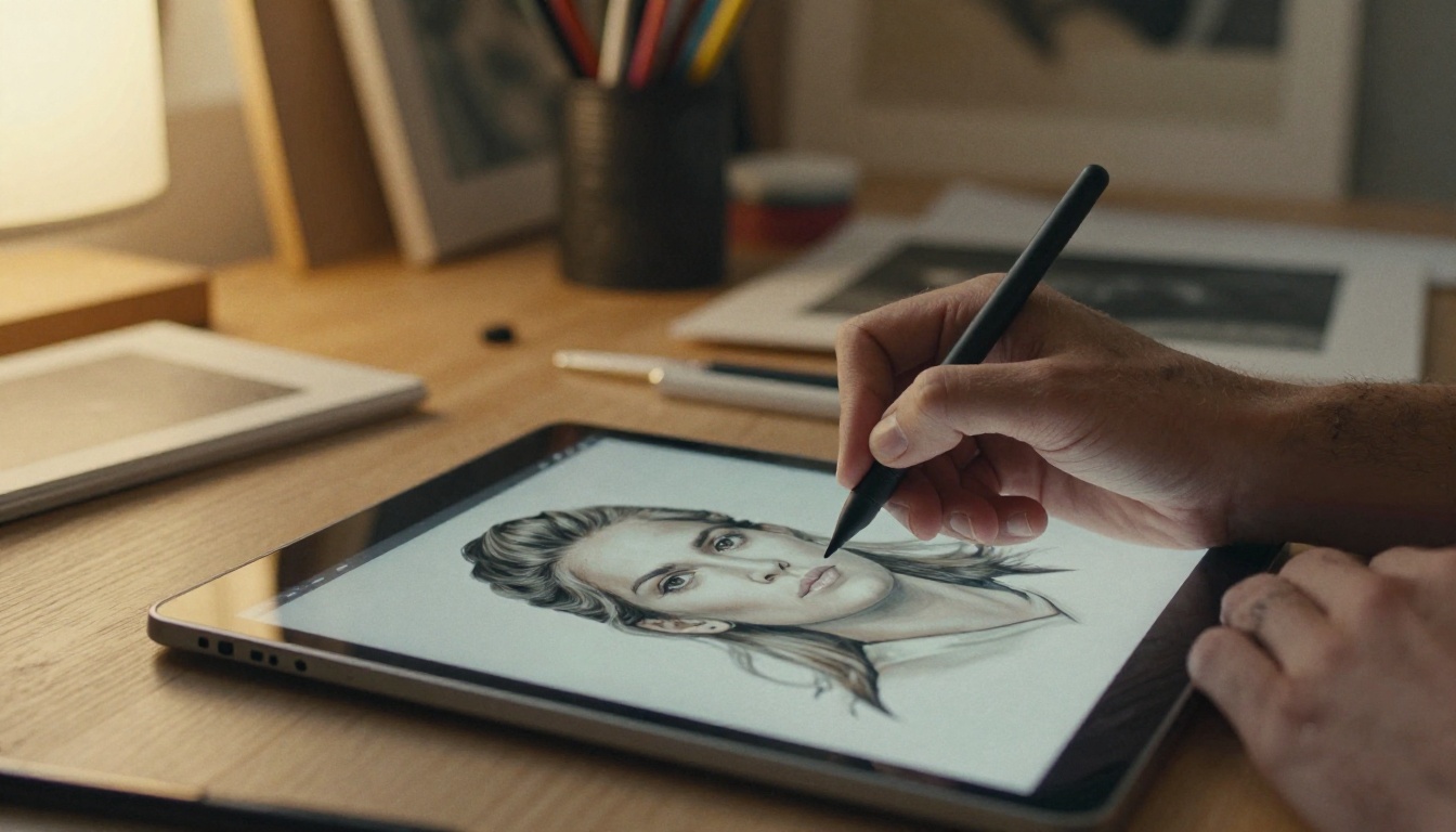Artist's hands working on digital tablet with stylus in a creative studio