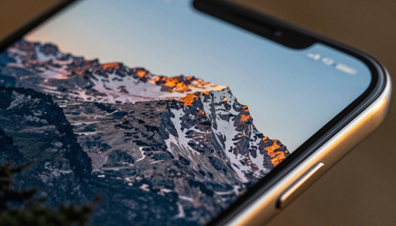 Smartphone screen macro showing mountain landscape with subtle texture patterns