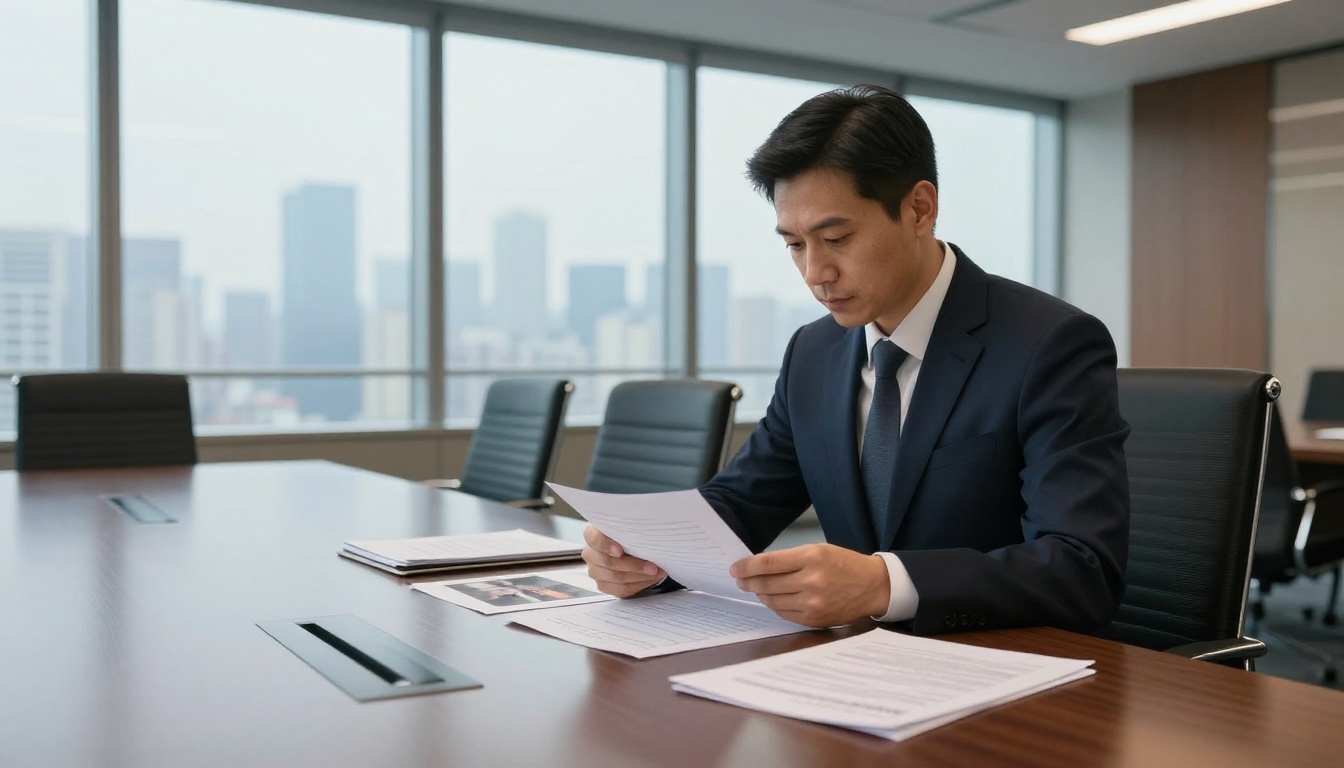 Legal professional reviewing photographic documents at a conference table