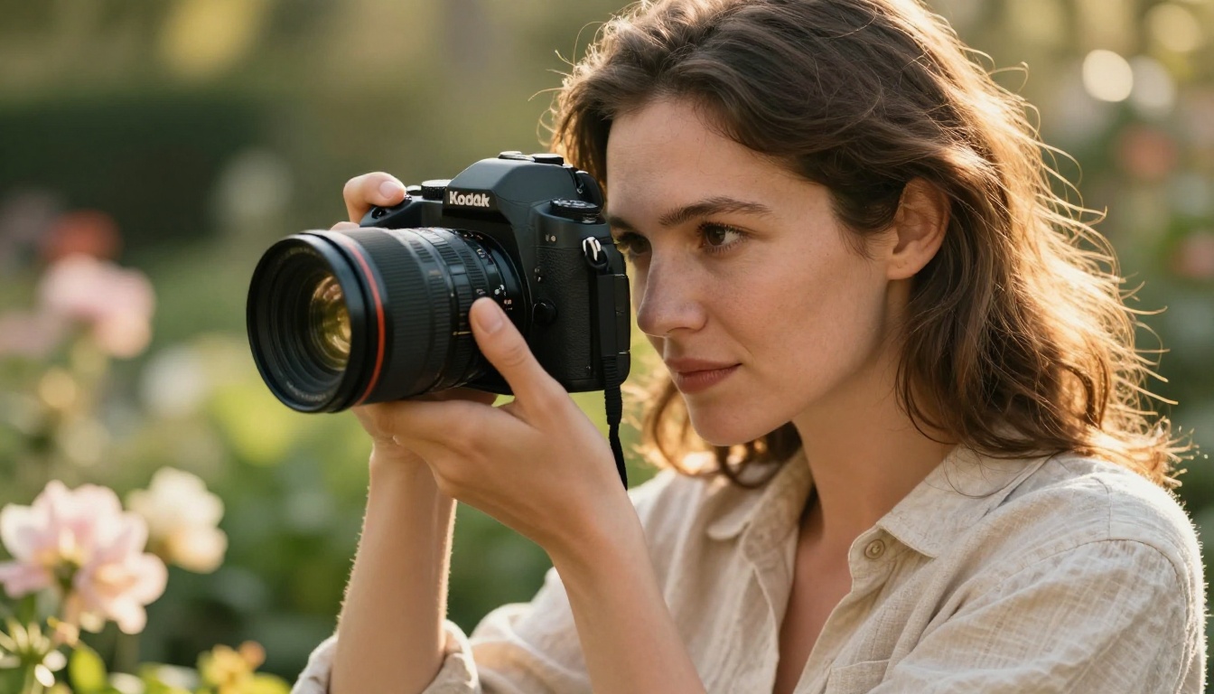 Woman photographer in botanical garden with camera raised to eye level