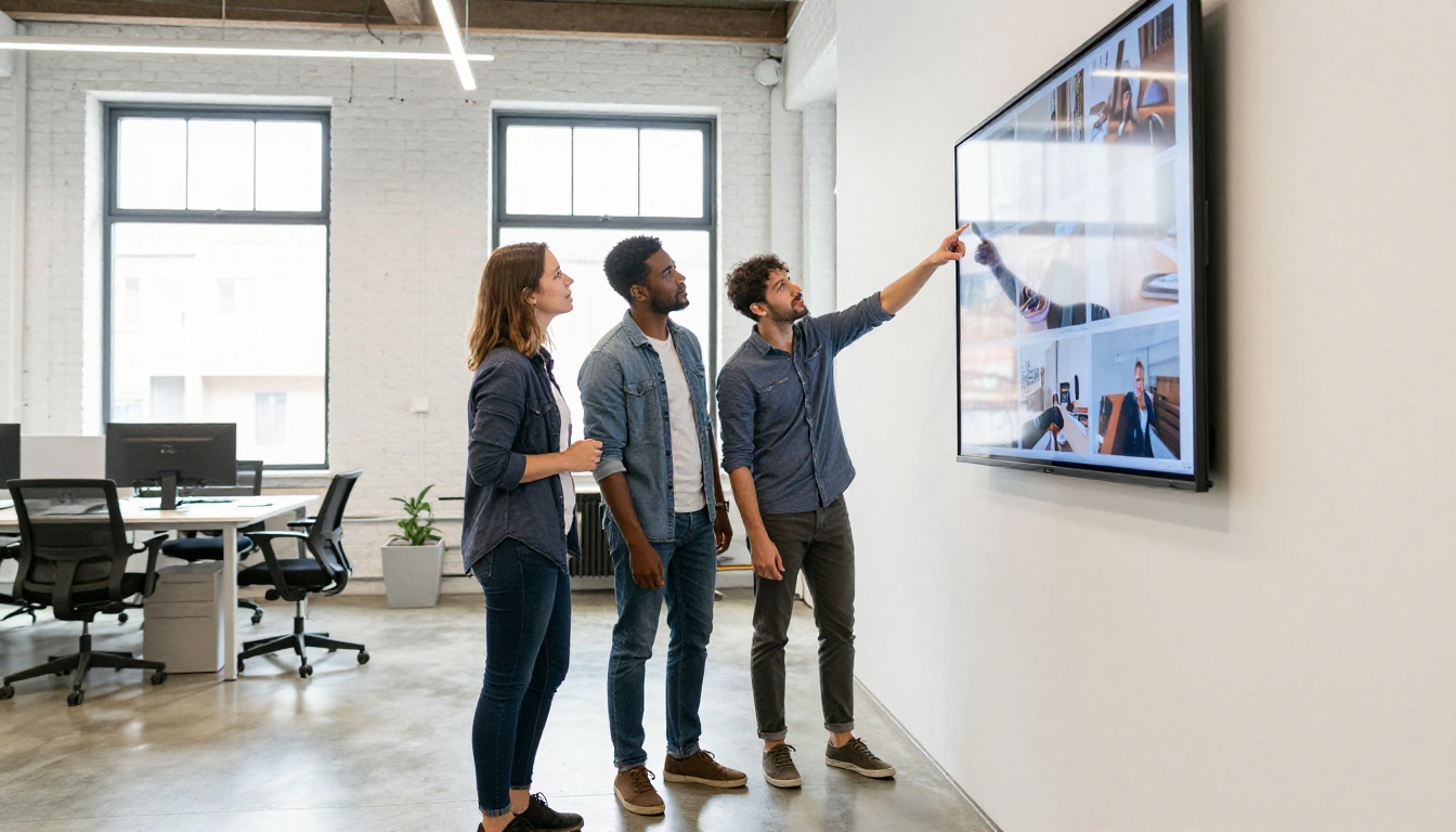 Two creative colleagues reviewing photographic portfolio on large wall display
