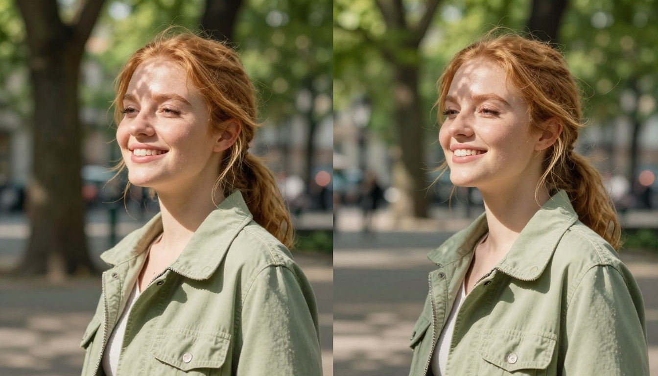 Woman in sage green jacket shown in two parallel frames representing AI temporal coherence