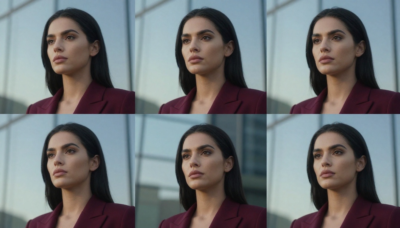 Low-angle portrait of woman in burgundy blazer shown in three sequential AI video frames