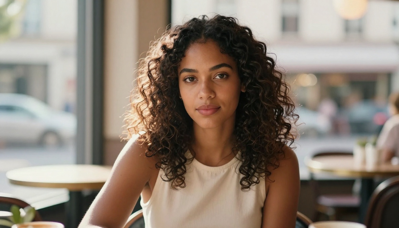 Woman with coily hair in cafe diptych showing AI face consistency across video frames Woman with coily hair in cafe diptych showing AI face consistency across video frames