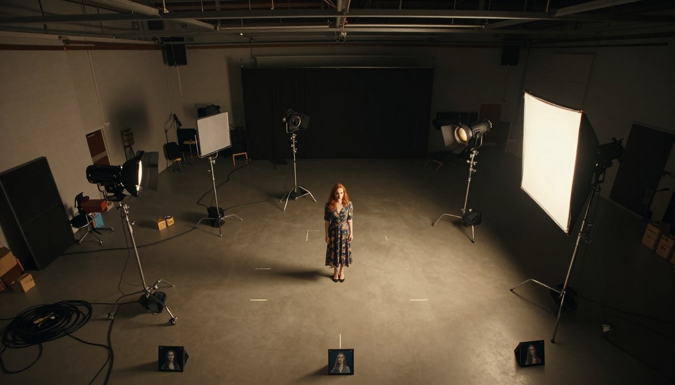 Film production set from above showing character position markers and professional lighting rigs Film production set from above showing character position markers and professional lighting rigs