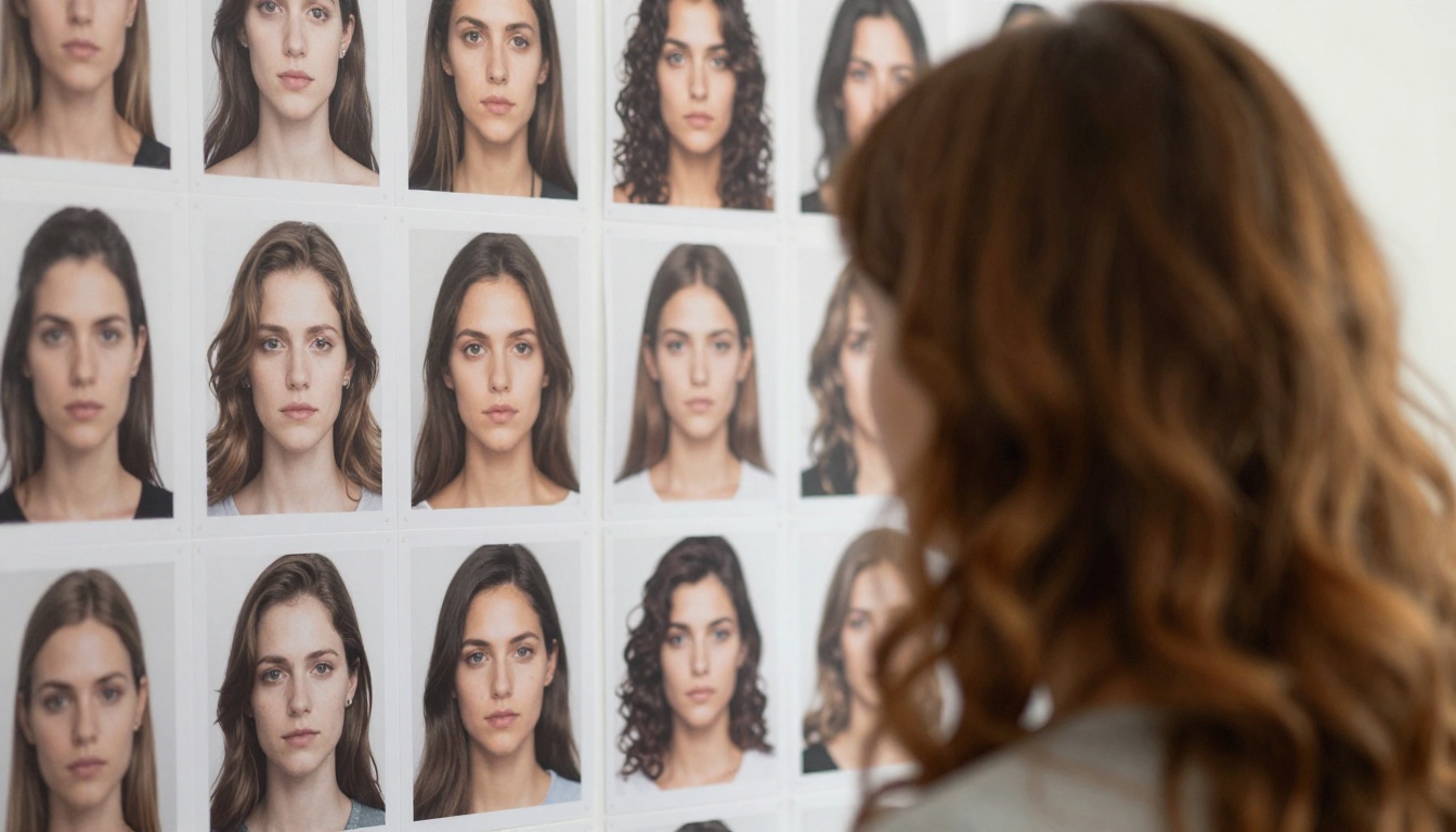 Woman with chestnut hair looking at a wall of consistent character reference photographs Woman with chestnut hair looking at a wall of consistent character reference photographs