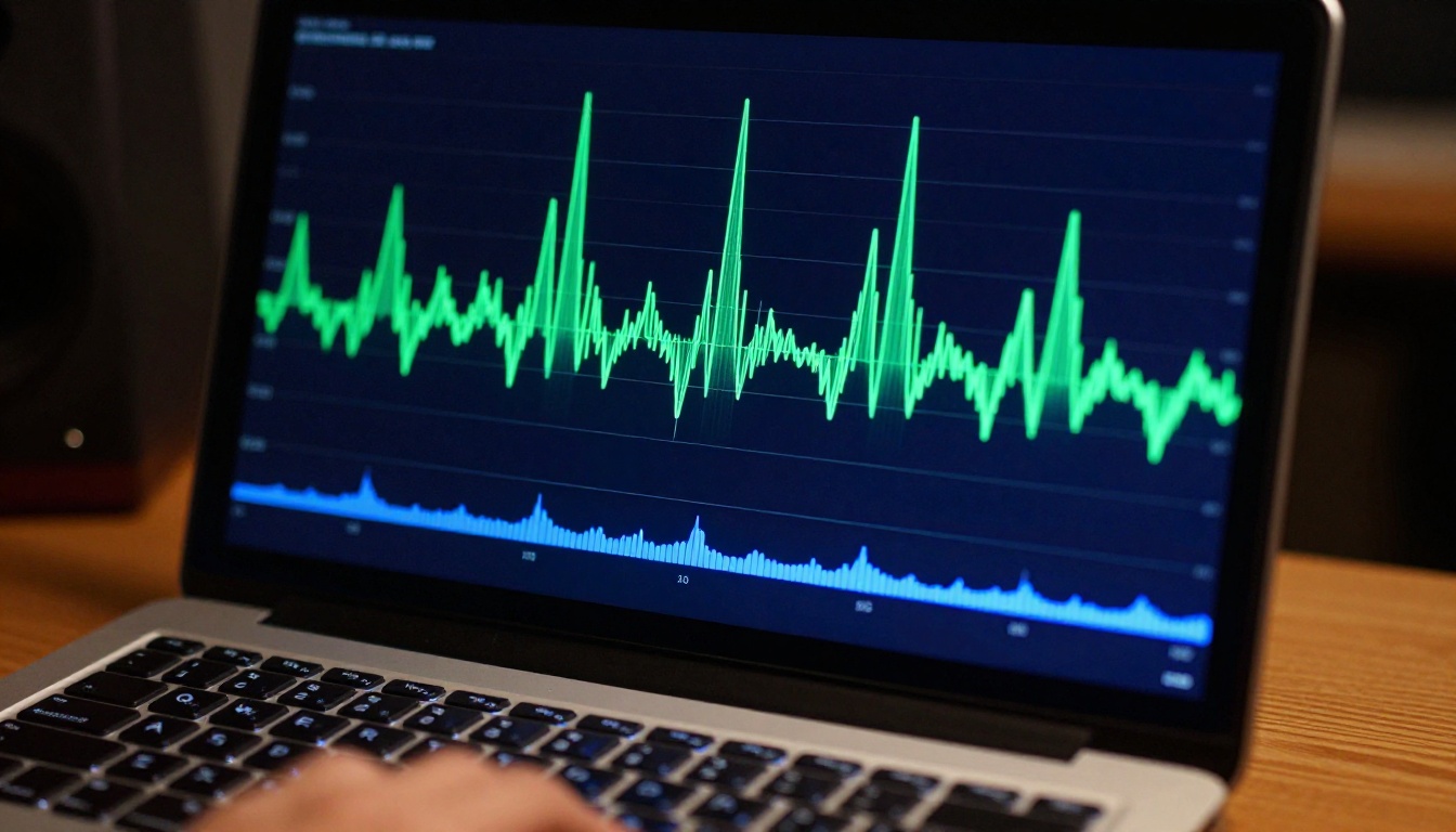 Audio waveform visualization on a professional studio monitor Audio waveform visualization on a professional studio monitor