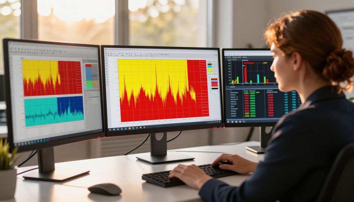 Data analyst reviewing image authentication results at a triple-monitor workstation