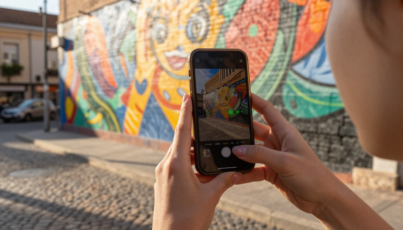 Woman holding smartphone with authentication overlay at urban street mural