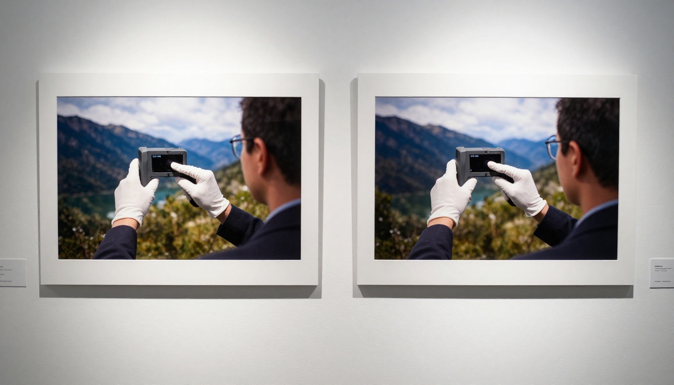 Forensic examiner comparing two prints on a gallery wall under specialized lighting