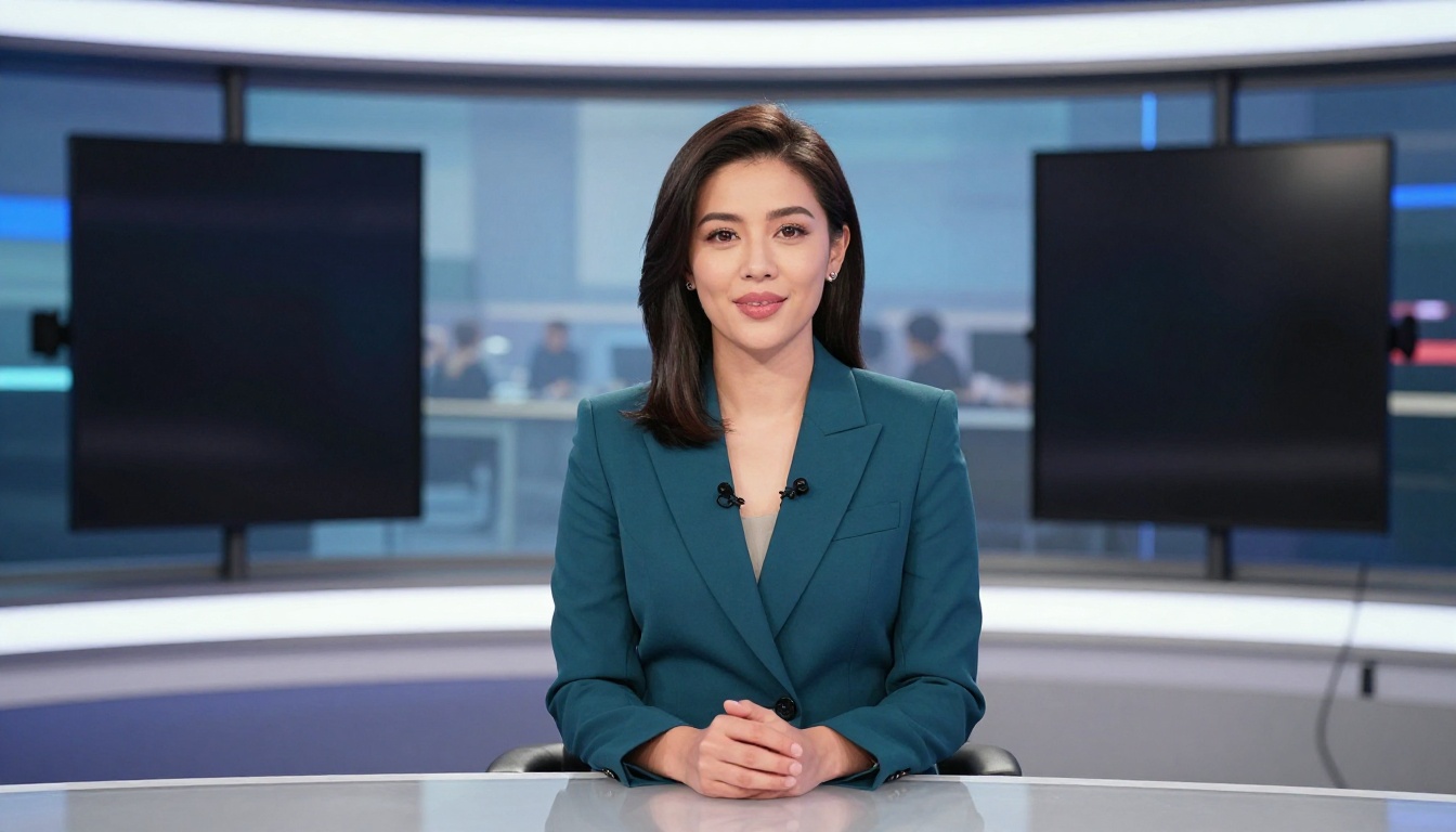 A female news presenter speaking at a professional broadcast desk A female news presenter speaking at a professional broadcast desk