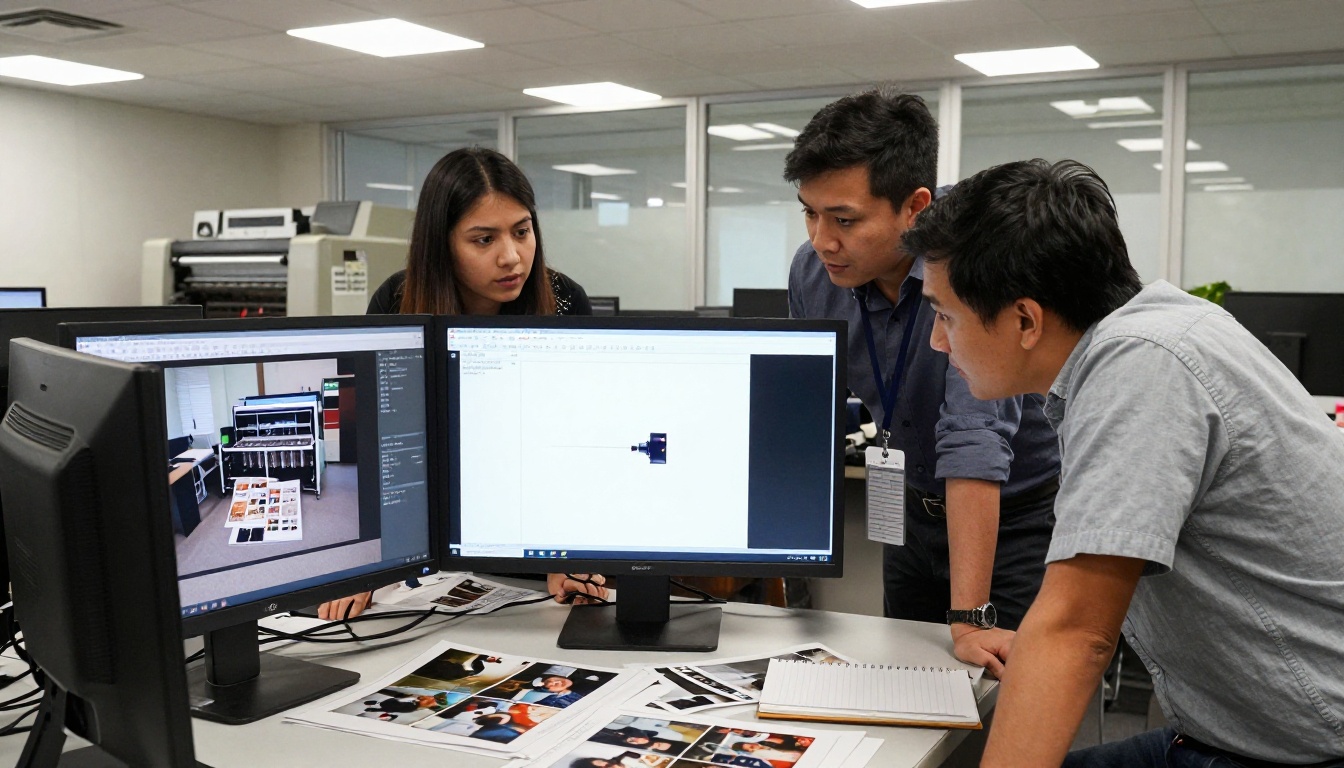 Journalism team reviewing photographic authenticity on a monitor in a modern newsroom