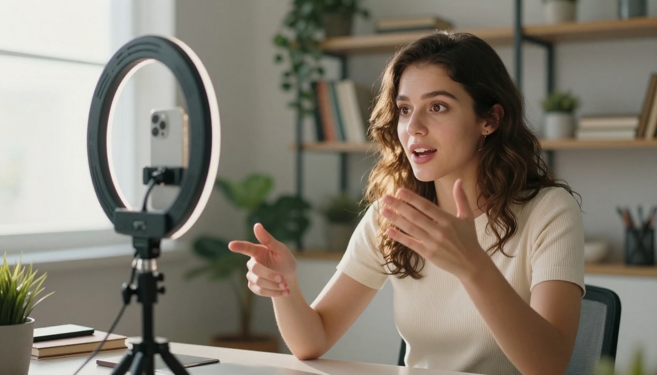 A content creator filming herself at a home studio desk setup A content creator filming herself at a home studio desk setup