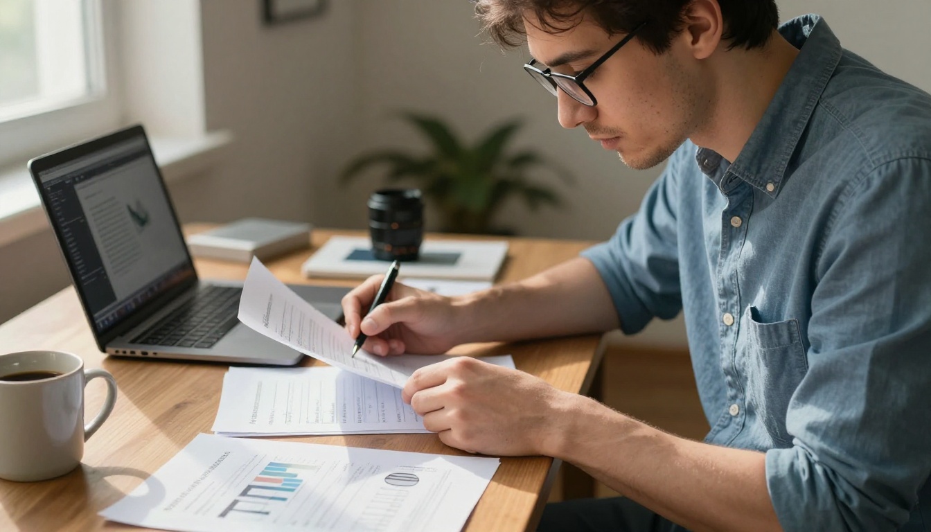 Cybersecurity researcher reviewing image verification documents at a desk with warm window light