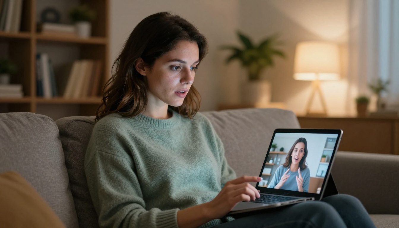 A woman watching a lip-synced video on a tablet in a living room