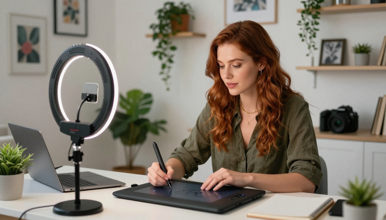 Beautiful woman content creator working on digital artwork at a home creative studio
