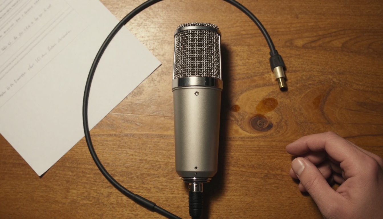 Overhead shot of a condenser microphone on a wooden studio desk