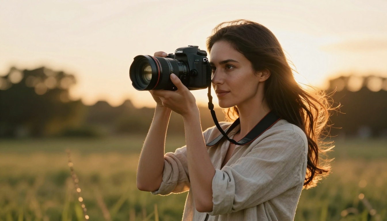 Professional photographer in golden hour outdoor field with Canon DSLR camera