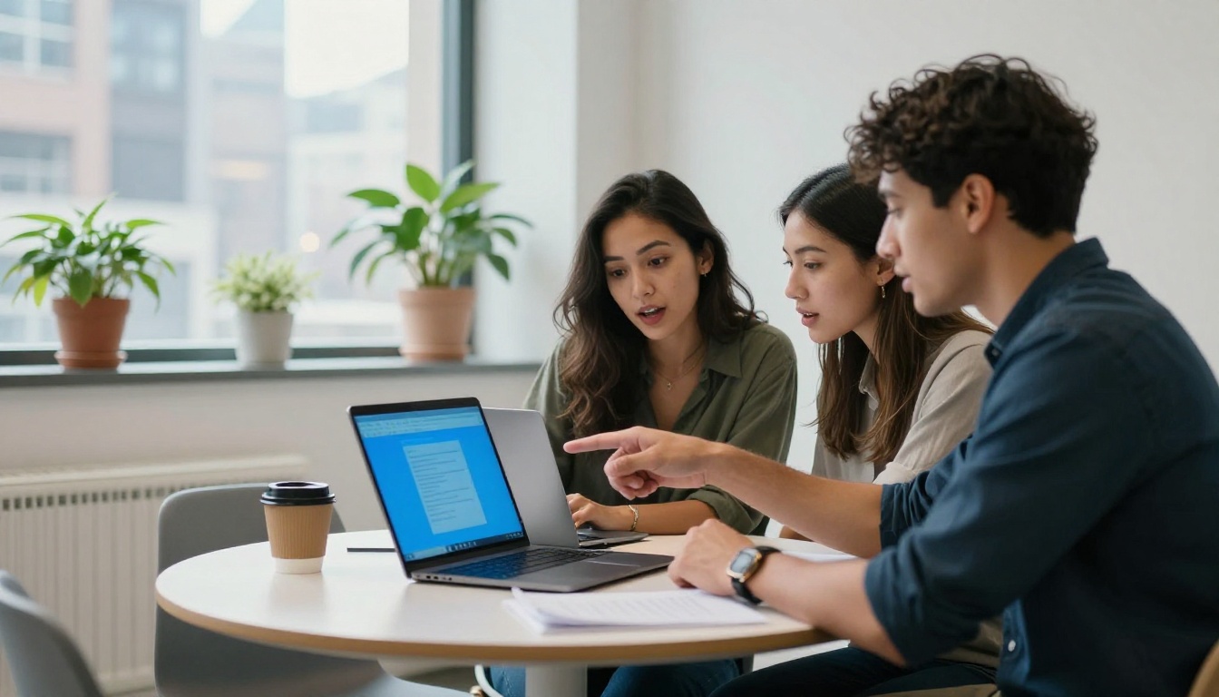 A team reviewing AI-generated video content on a laptop in a creative office