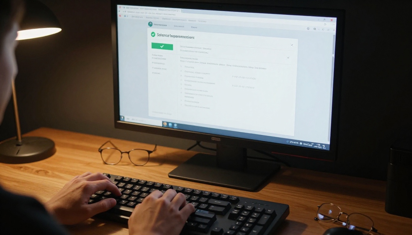 Researcher's hands typing on keyboard with verification screen showing green checkmark result