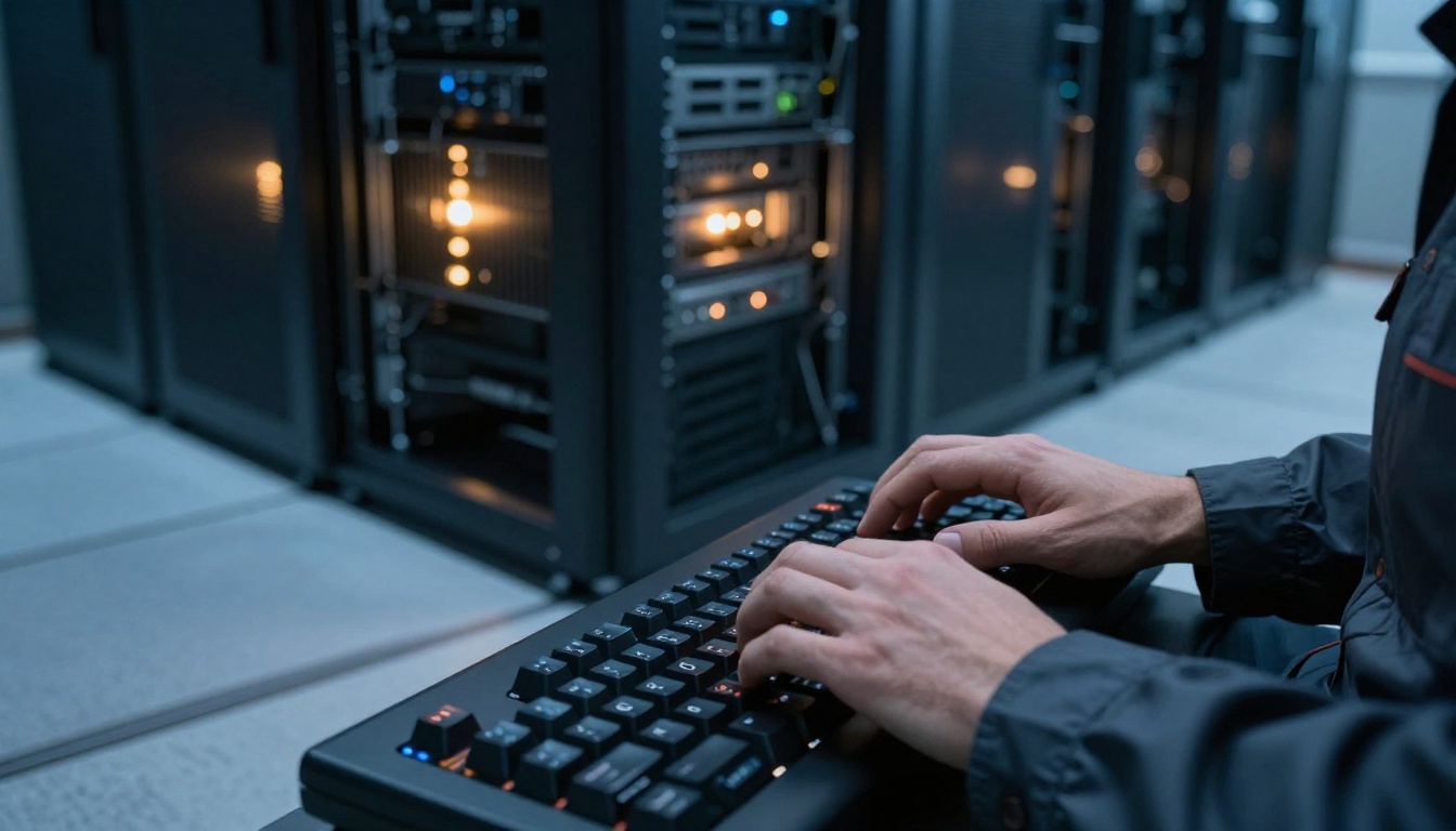 A researcher's hands on a keyboard inside a server room with amber indicator lights A researcher's hands on a keyboard inside a server room with amber indicator lights