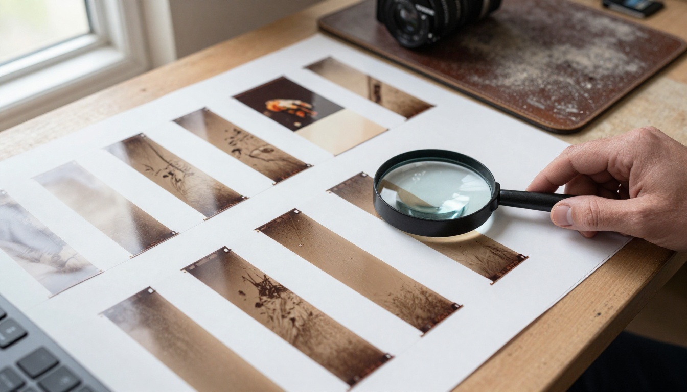 Aerial view of a film editing desk with photographic contact strips arranged in rows Aerial view of a film editing desk with photographic contact strips arranged in rows