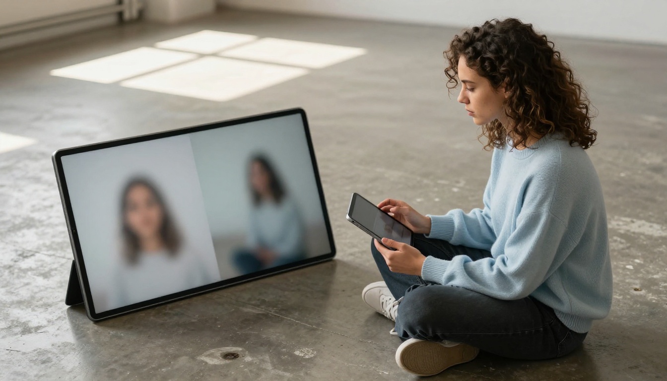 Woman comparing two landscape motion frames side by side on a tablet Woman comparing two landscape motion frames side by side on a tablet