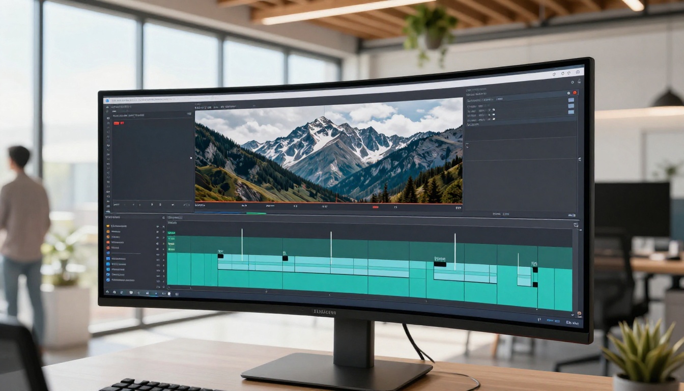 Low-angle view of a large curved monitor displaying a video timeline with keyframes Low-angle view of a large curved monitor displaying a video timeline with keyframes