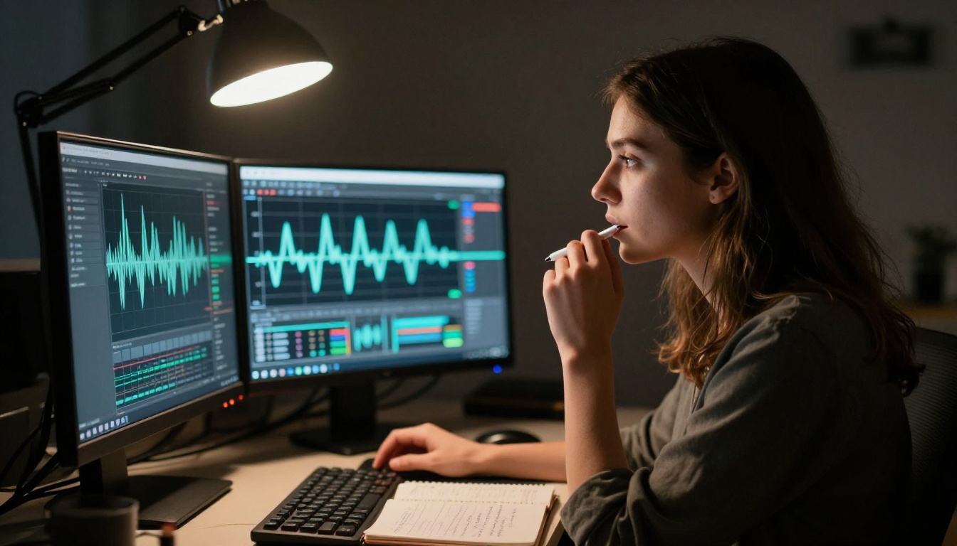 Side profile of a woman at a triple-monitor workstation illuminated by screen glow Side profile of a woman at a triple-monitor workstation illuminated by screen glow