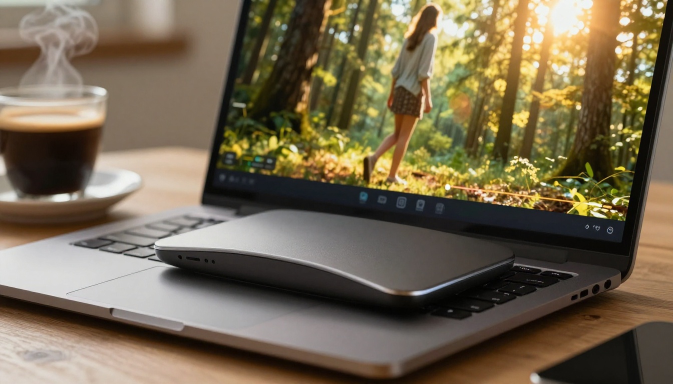 Close-up of a laptop with video scrubbing interface showing slow-motion forest footage