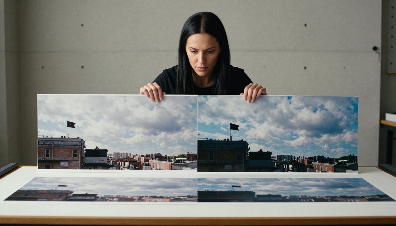 Woman leaning over a light table comparing a still city photo with its animated version
