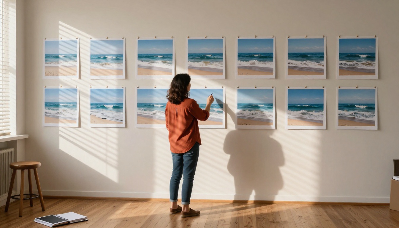 Woman reviewing incremental motion frames pinned to a cork board in a sunlit studio