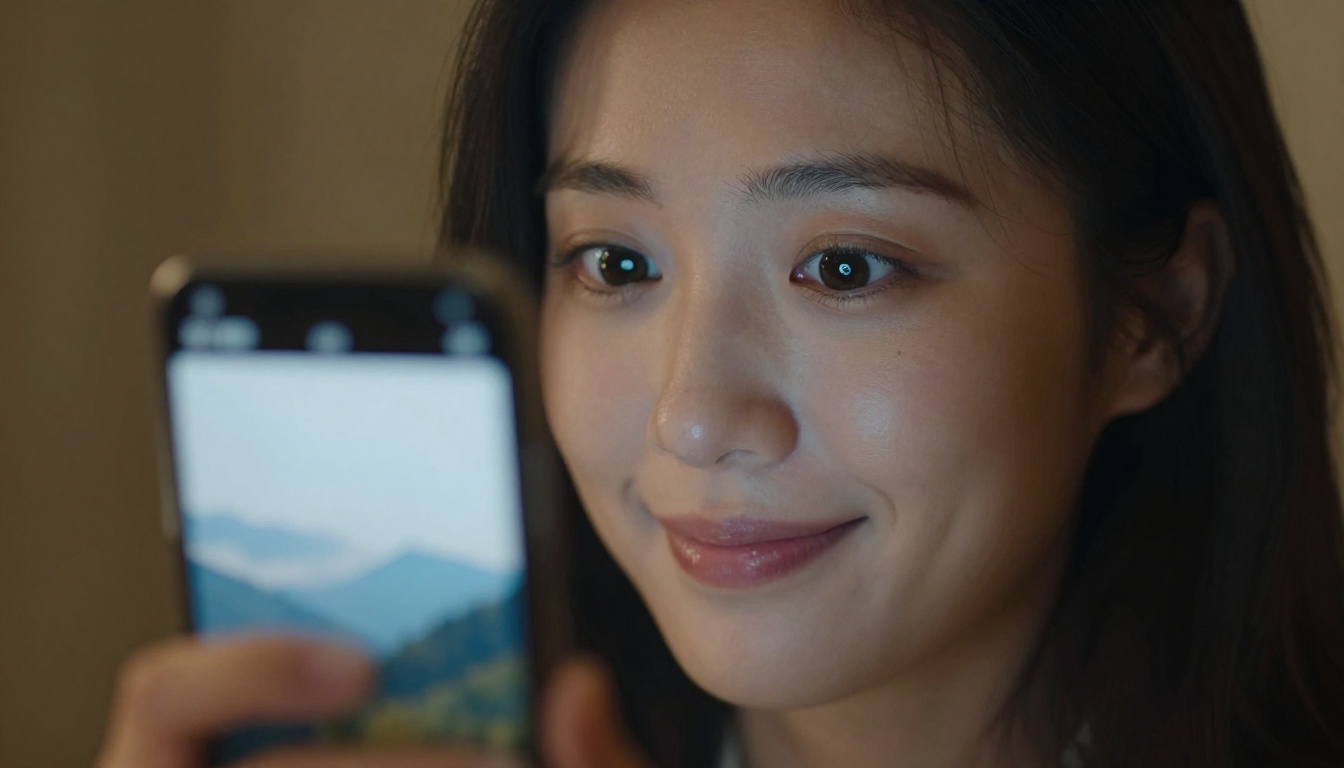 Woman holding a smartphone in a dark room, screen illuminating her face as she watches a mountain video