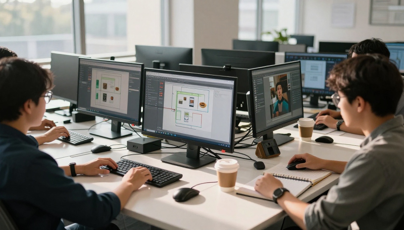 Data annotation team working in a bright open-plan office, labeling training images