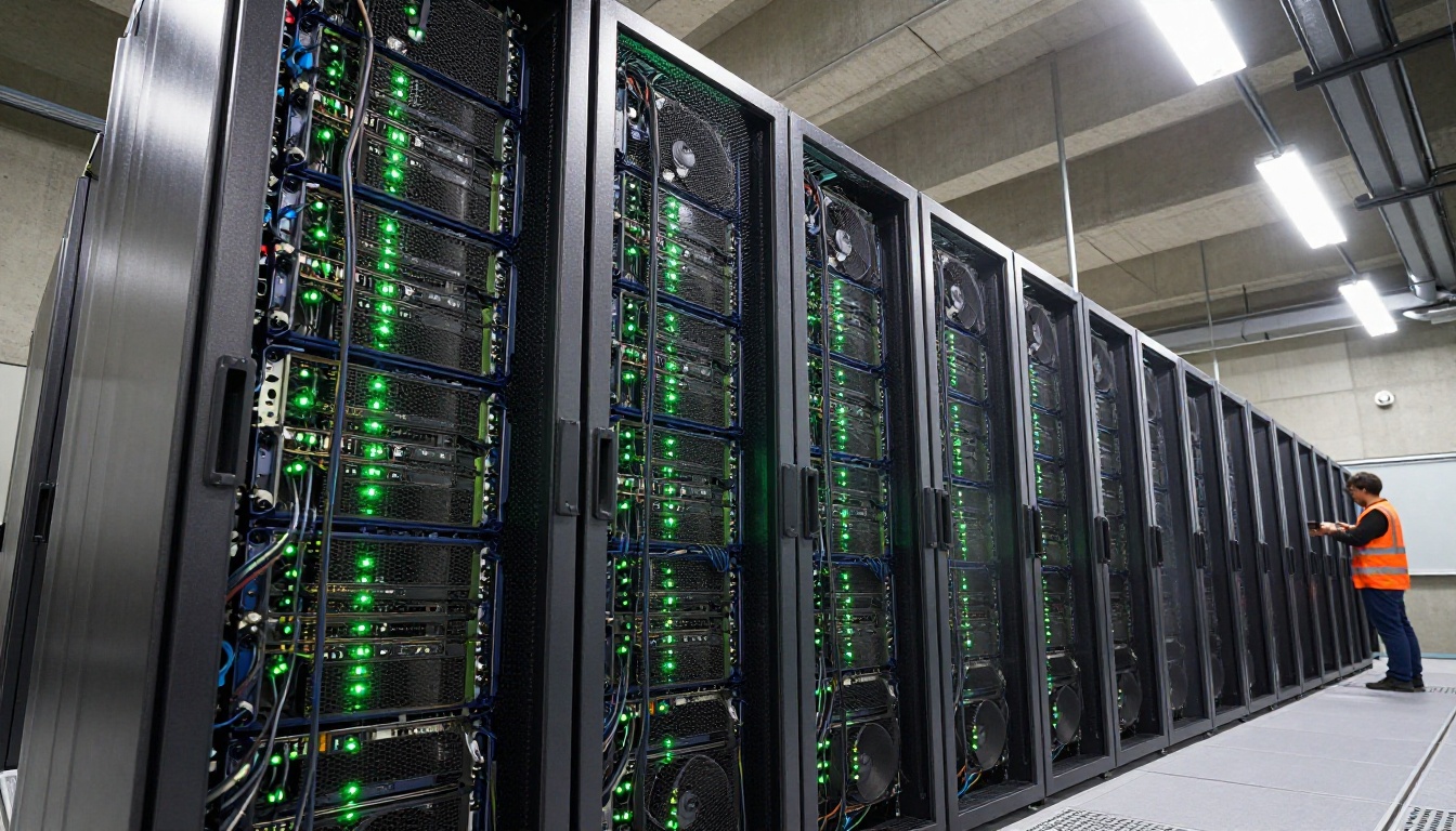 Low-angle view of massive GPU server rack installation in a hyperscale data center