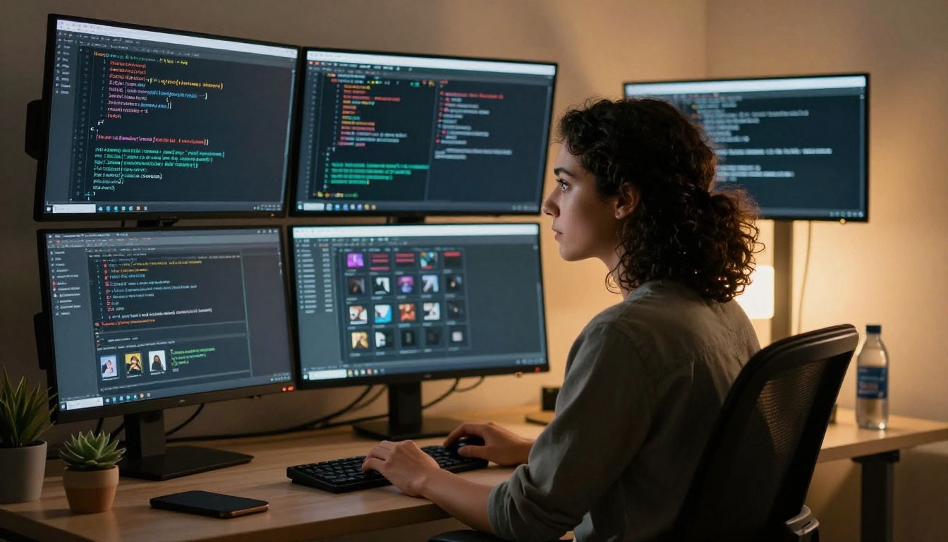 Data scientist at multi-monitor workstation curating image datasets in a dark IDE