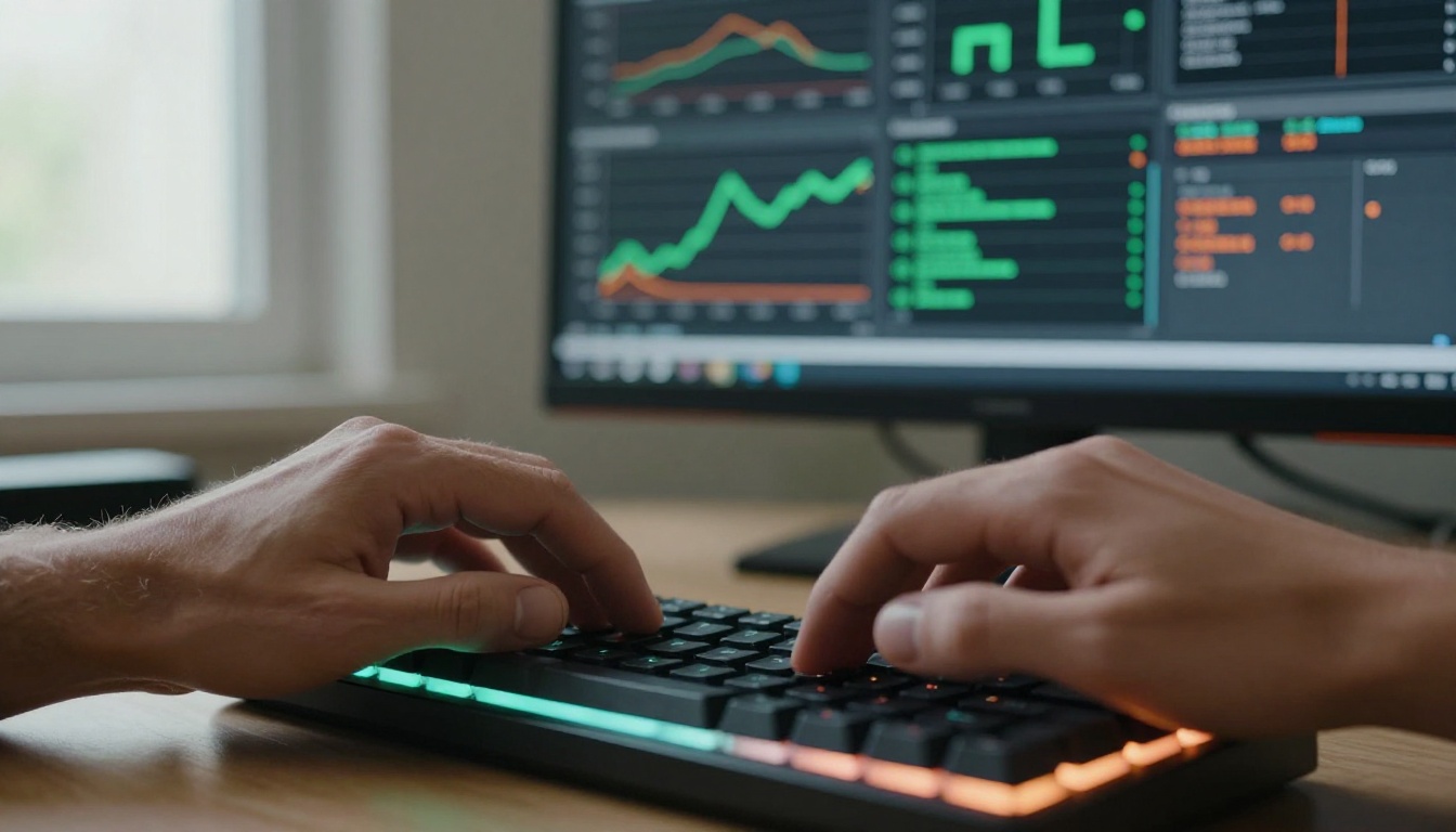 Close-up of researcher hands on keyboard with training loss curves plotted on monitor behind