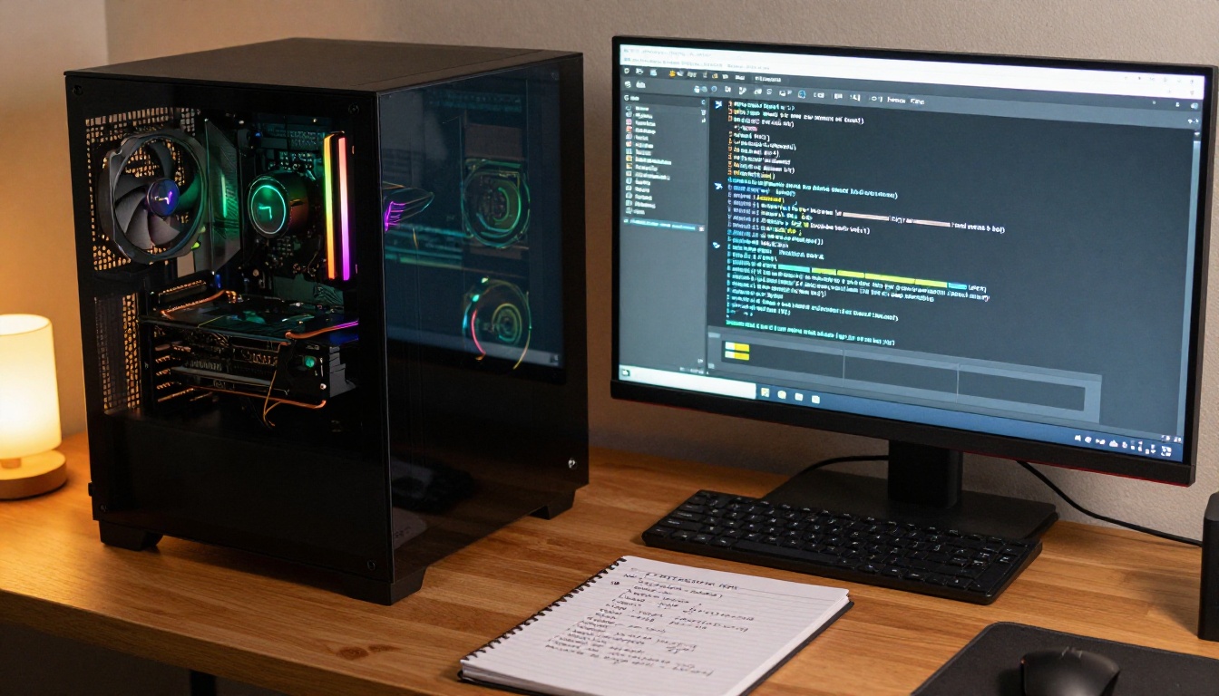 Home workstation with GPU visible inside PC tower running a fine-tuning script in terminal