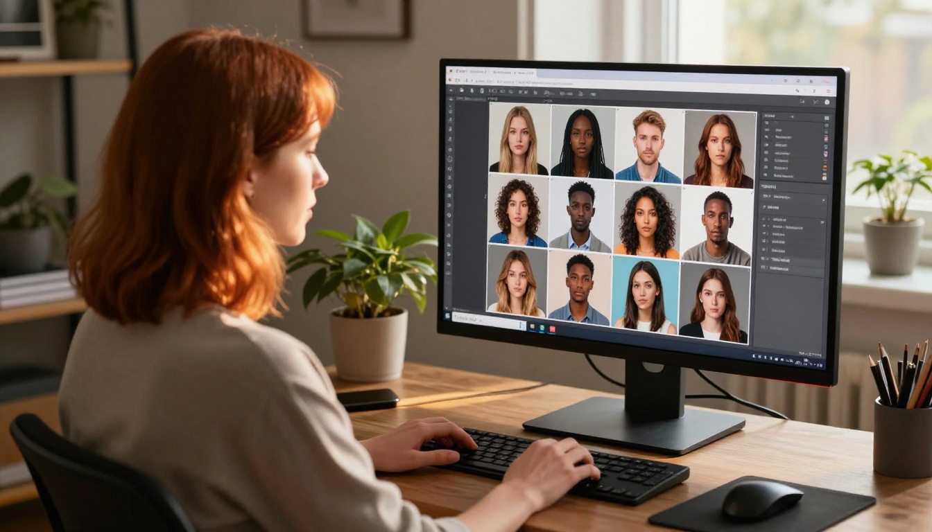 Creative professional browsing a grid of AI-generated images on a large monitor in a home studio