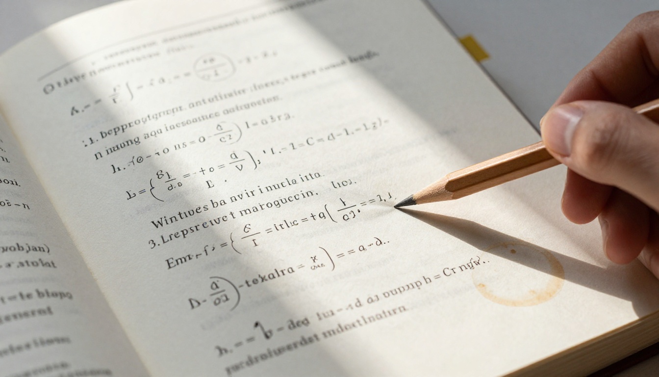 Open textbook with backpropagation equations and a pencil resting across the mathematical notation
